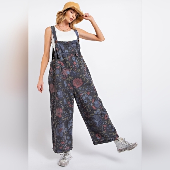 easel Pants - NWT Easel Black Denim Floral Boho Wide Leg Overall Jumpsuit